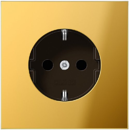 Розетка с заземлением без рамки Jung LS990 metal 1-м. шторки золото картинка